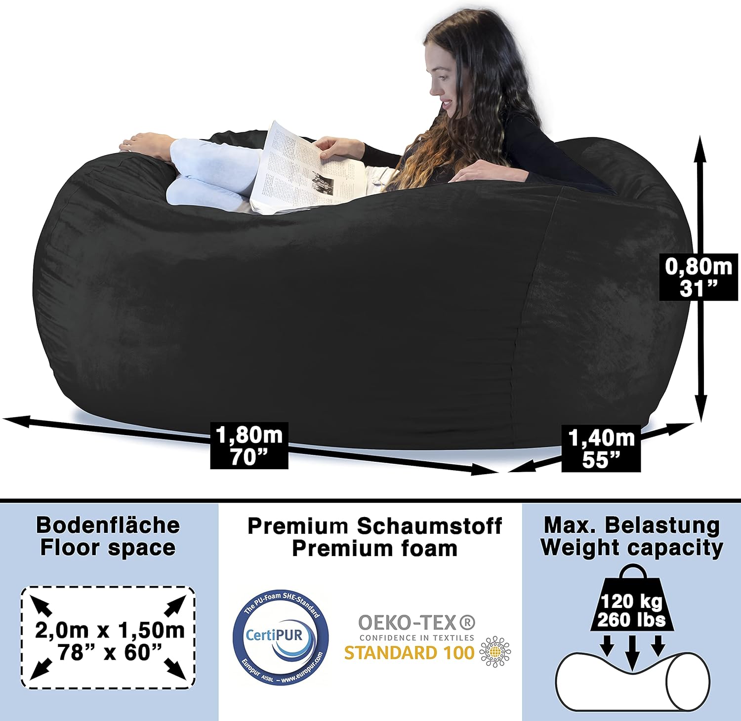 Charlie & Finn Le plus Grand Sac D'ASSISE En Europe ! - Pouf Premium XXL - Pouf Géant Avec Remplissage De Mousse À Mémoire De Forme - 1500 L - Gris Platine